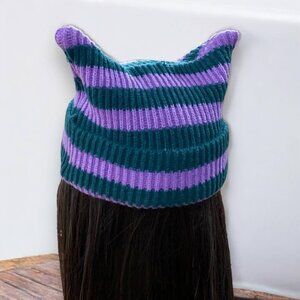 Striped Purple Green Crochet Knit Cat Ear Beanies - NEW